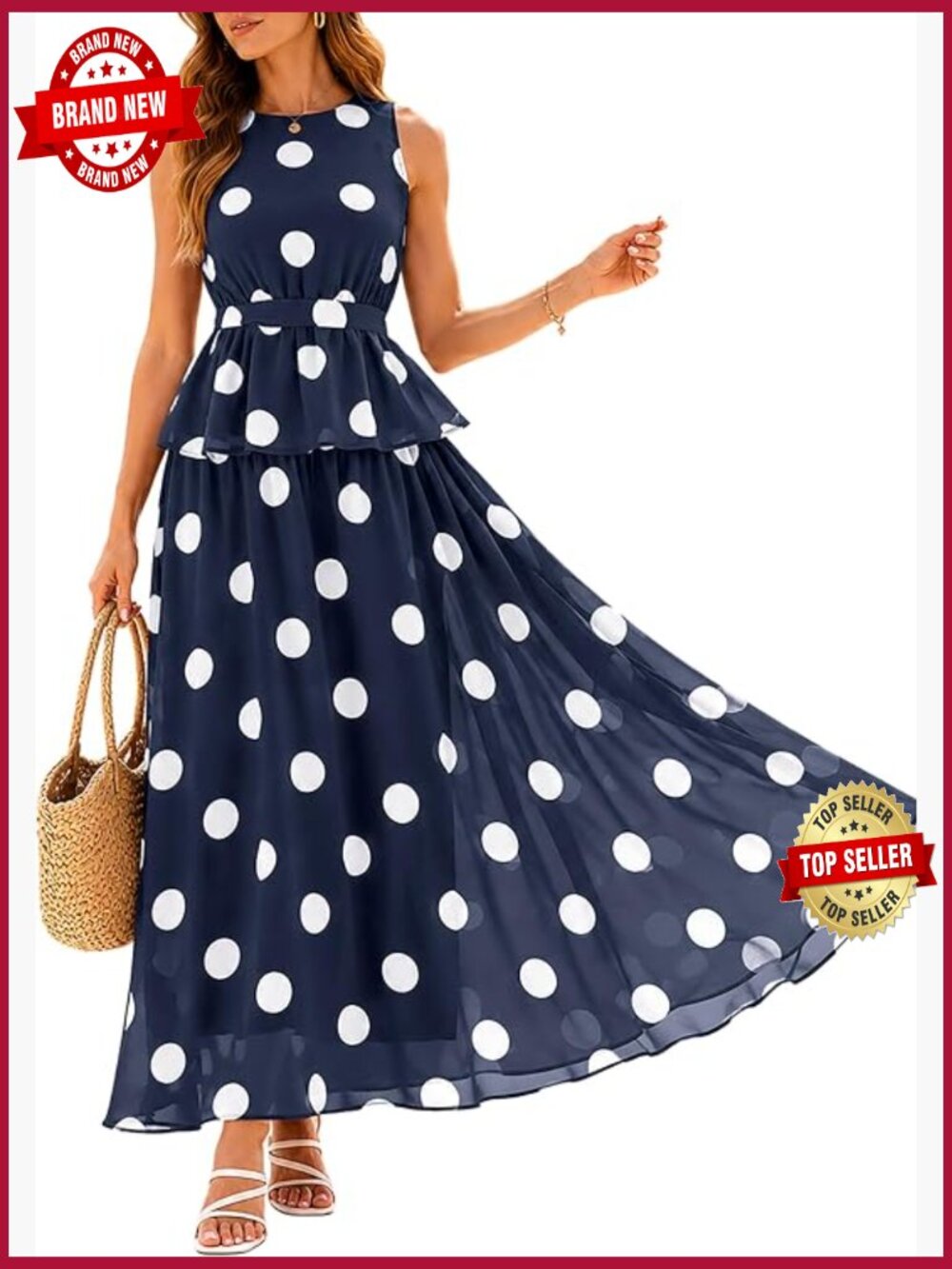 Women's 2 Piece Polka Dot Maxi Skirt Set Sleeveless Peplum Outfit